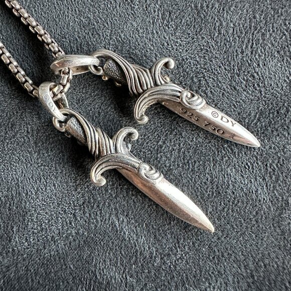 David Yurman Two Waves Dagger w/ 18K Gold, Sterling Silver & Diamonds Necklace - Picture 9 of 16